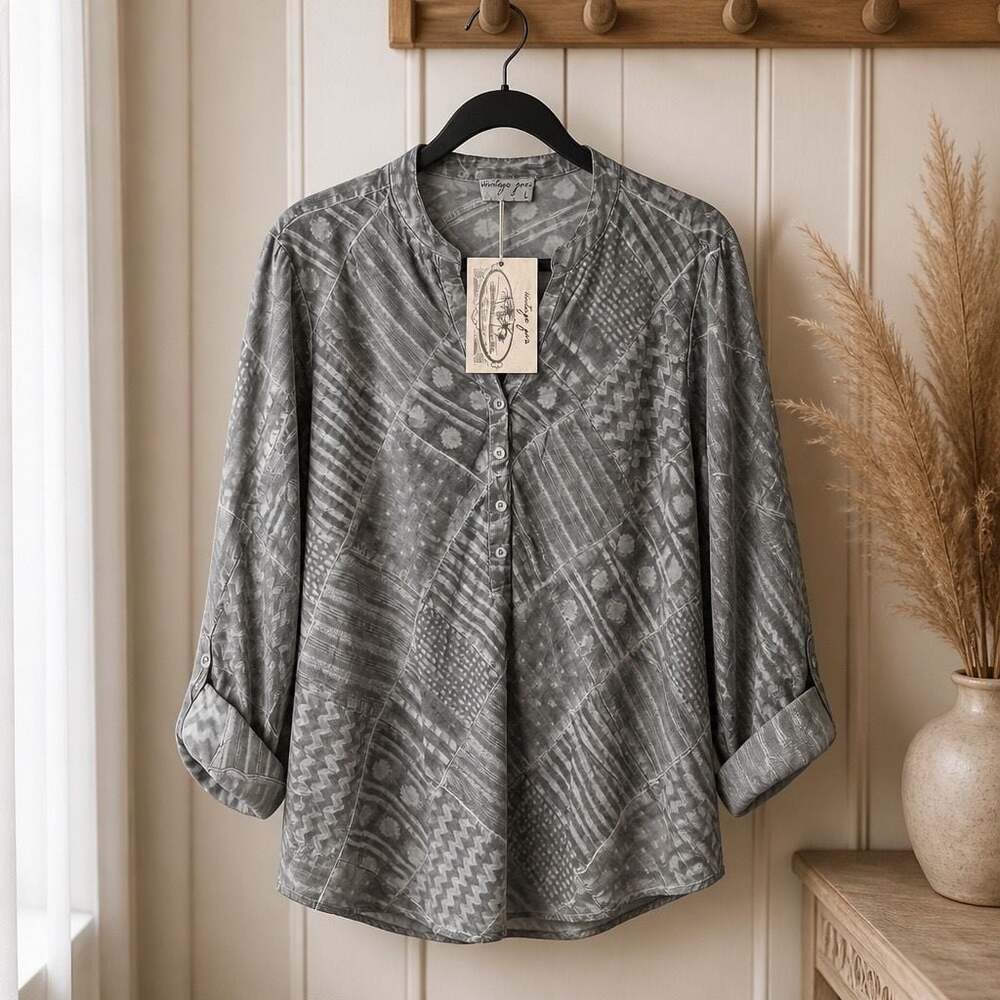 Vintage Goa Women's Gray Patchwork Patterned Button-Down Shirt Size L